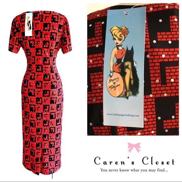 Betty Paige Red Rhinestone Retro Pin-up Dress no tags - Picture 3 of 4